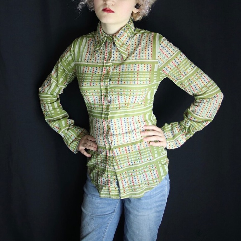 Vintage semi sheer green 70's disco shirt HUK A POO hukapoo sz XS/xxs